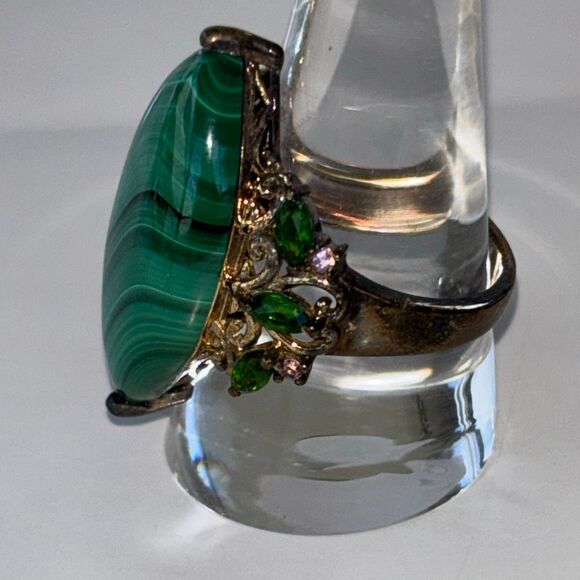 925 sterling silver STS malachite statement ring + stud earrings Sz 9 w/emeralds - Picture 3 of 12